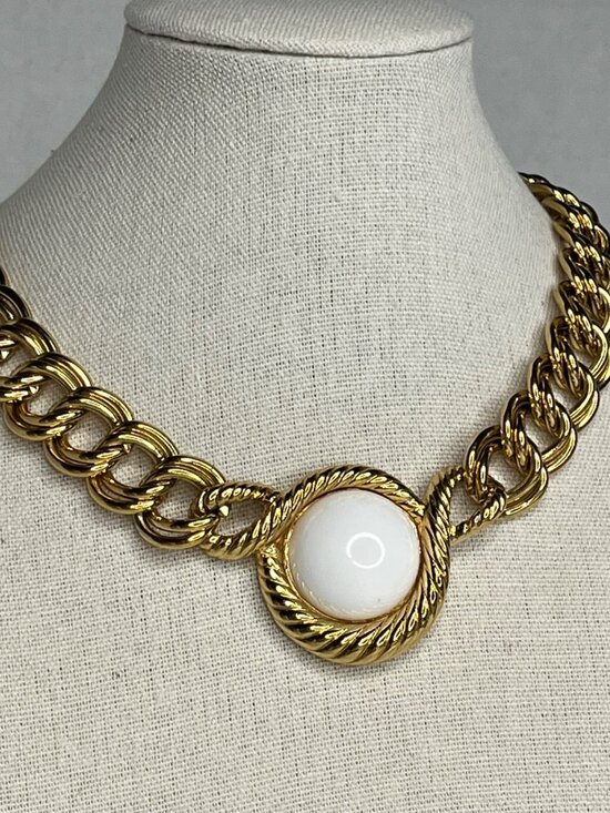 Trifari Jewelry - Vintage Trifari Gold-Tone Chain Necklace With White Center Medallion Pendant
